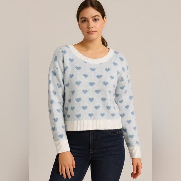 Light Blue Heart Print Pullover Sweater Long Sleeve‎ Ribbed Trim Size XL new - Picture 1 of 4